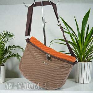 Duża nerka listonoszka ze sztruksu brąz z rudym, sztruks