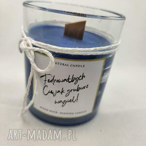 świeczka sojowa z śląskim tekstem, wood wick, prezent urodziny