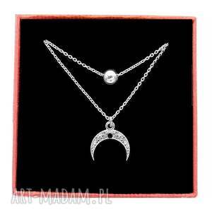 Srebrny podwójny naszyjnik księżyc czarny jet pudełko