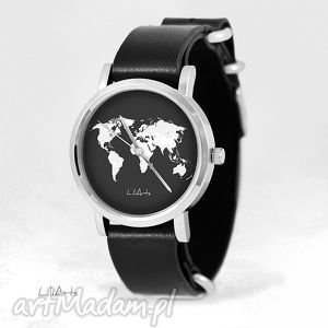 zegarek, bransoletka - mapa świata, czarno-biała czarny, skórzany, nato