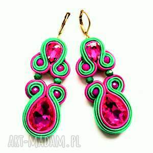 green fuchsia kolczyki sutasz haftowane