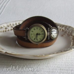 zegarek vintage z grafiką skórzany cappucino, biżuteria, bransoletka złoto