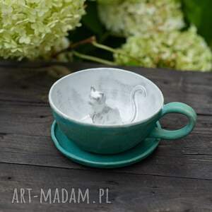ręcznie robione ceramika filiżanka z kotem - kamienny turkus - rękodzieło - 300