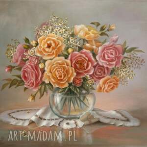 róże, kwiaty, bukiet w wazonie, ręcznie malowany obraz olejny, L