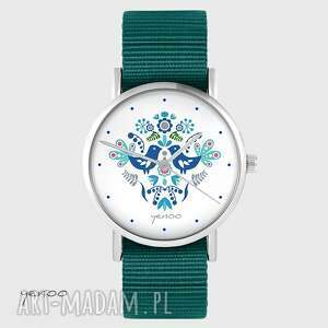 zegarki zegarek yenoo - ptaszki folkowe, niebieskie morski, ptaszek, pasek