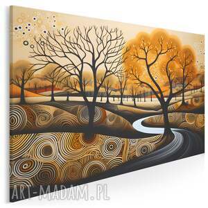 Obraz do salonu - ABSTRAKCYJNY KRAJOBRAZ Z DRZEWAMI I RZEKĄ JESIEŃ