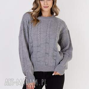 sweter w warkoczowy wzór - swe323 szary mkm jesień z długim