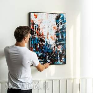 plakaty obramowany plakat - abstrakcja blue city w czarnej ramie - format 40x50 cm