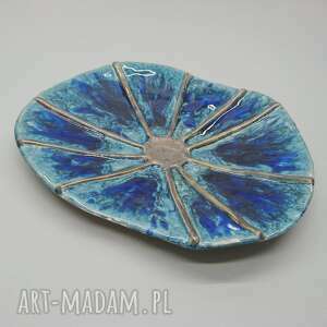 handmade ceramika patera promienny kobalt z turkusem