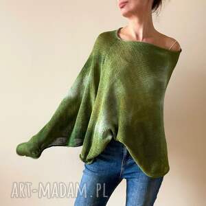 narzutka z przędzy tasiemkowej w zieleniach, ponczo tunika bawełniana, unikat