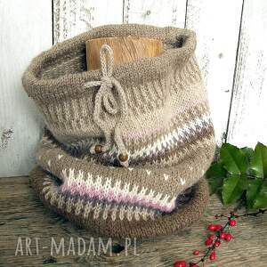 komin z alpaki, beżowo - brązowy odrobiną różu i wrzosu ręcznie robione wełny