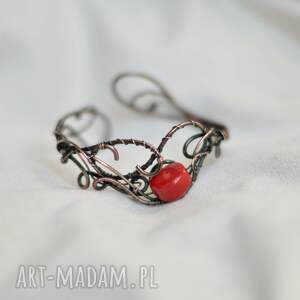 red - bransoletka z koralem czerwonym, regulowana, wire wrapping