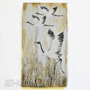 żurawie obraz ptaki malowane na desce /26/ obrazy deskach dekoracja