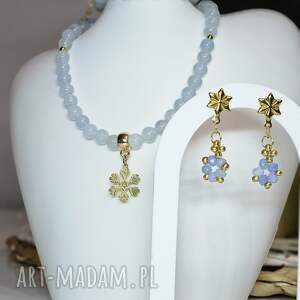 naszyjnik i kolczyki z niebieskich kamieni - motyw śnieżynki zestaw biżuterii