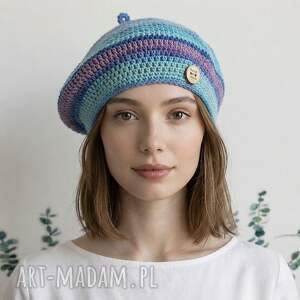 wiosenny beret damski z antenką ręcznie robiony bawełna one size