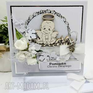 pamiątka chrztu świętego w pudełku 14x14 cm - kartka ręcznie robiona z aniołkiem
