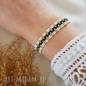 Biało-granatowa bransoletka szyta ręcznie - szkło japońskie, regulowana (LEI handmade) 