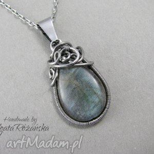 ręczne wykonanie wisiorki wisiorek z labradorytem, stal chirurgiczna, wire wrapping