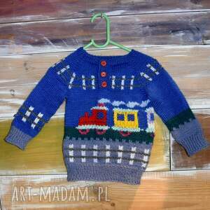 sweterek dla chłopca - jedzie pociąg robiony na drutach, jesień zima wiosna