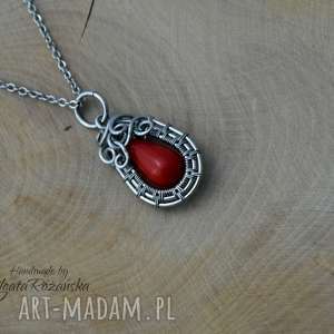 wisiorek koral czerwony, wire wrapping, stal chirurgiczna, wirewrapping