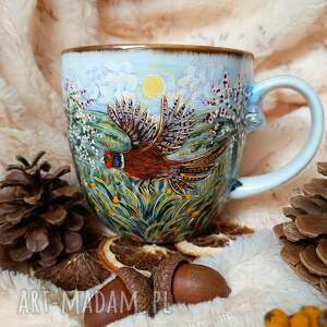 ręcznie malowany bażant i dzikie jabłonie kubek 480 ml, malowana porcelana