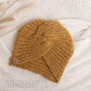 ręcznie wykonane czapki turban wełniany, merino baby alpaka, musztardowy