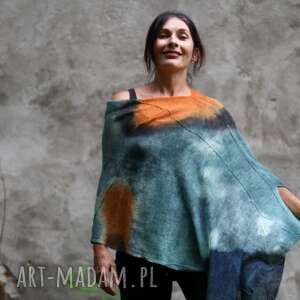 handmade poncho szafirowe ponczo z pomarańczem