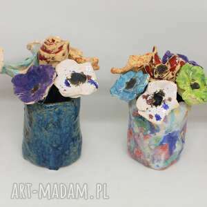 handmade ceramika piękny wyjątkowy komplet kwiaty ceramiczne 6szt i wazonik handmade