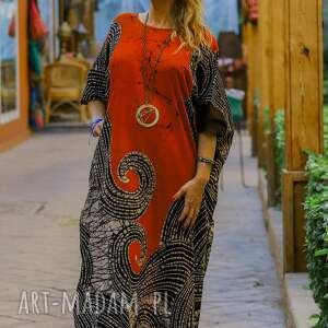 domisol unikatowa ceglasta sukienka bawełniana, batikowa z biżuterią, slow
