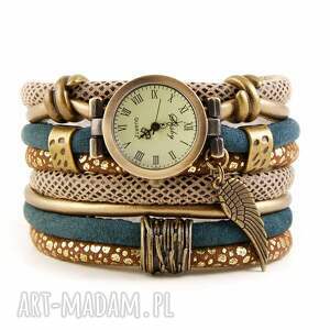 zegarki zegarek - bransoletka w stylu retro, zielono złoty ze skrzydłem