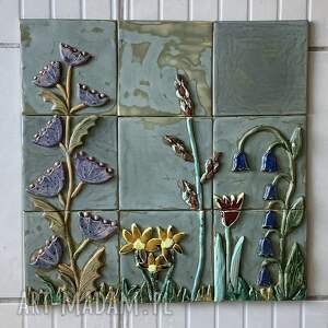 zestaw kafli kwiaty, obraz ceramiczny, kafle z roślinami, panel