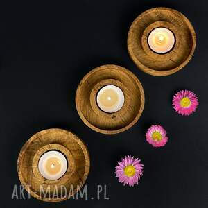 trzy drewniane świeczniki na tealighty, świecznik z drewna