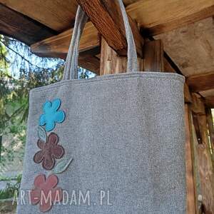 Pojemna szara torba zakupowa z kwiatami handmade