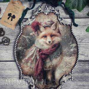 dekoracyjny medalion vintage z lisem, decoupage, farmhouse prowansja, shabby