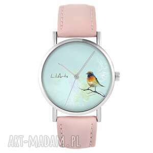 ręczne wykonanie zegarki zegarek - kolorowy ptak - pudrowy róż