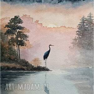 w brzasku poranka, akwarela 24x32 cm, żuraw, pejzaż, żurawie, ptaki