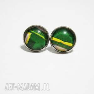 kolczyki - zielone, żółte stal sztyfty, szklane niej