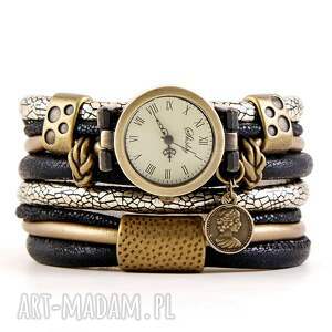 zegarek-bransoletka czarno-złoty, owijany z zawieszką, zegarek bransoletka