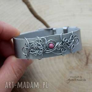 bransoletka pasek siatkowa z rodonitem, wire wrapping, stal chirurgiczna