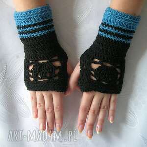 samantha czerń i błękit - ażurowe mitenki, rękawiczki, paski, wzór