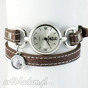 handmade zegarek, bransoletka - biały koń - brązowy
