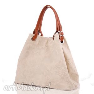 torba skórzana z długim paskiem vp 1032026 light beige/camel, gruba kwiaty