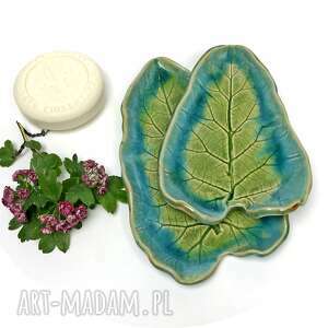 ceramiczne mydelniczki/spodeczki turkusowe liście, akcesoria łazienkowe