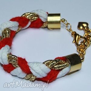 czerwono - złoto biała bransoletka ze sznurków bawełnianych serduszko, prezent