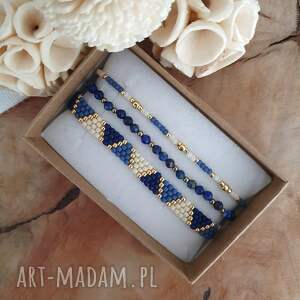 Niebieski zestaw bransoletek (lapis lazuli, bizuteria handmade, szkło japońskie, bransoletka szyta, delikatna)