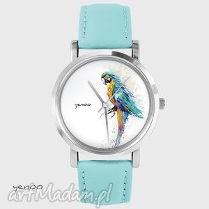 zegarek, bransoletka - papuga turkusowy, skórzany unikatowy, prezent