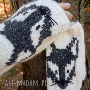 mitenki rękawiczki bez palców/srebrno - szary lisek/handmade/rękawiczki