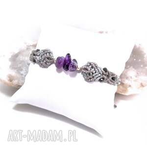 handmade srebrna sarna ametyst w makramie bransoletka pleciona mikro makram