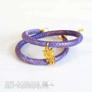 handmade bransoletka - sowa złota, fioletowa, wężowa