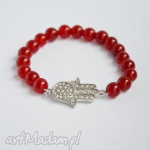 handmade bracelet by sis: cyrkoniowa hamsa w czerwonych kamieniach